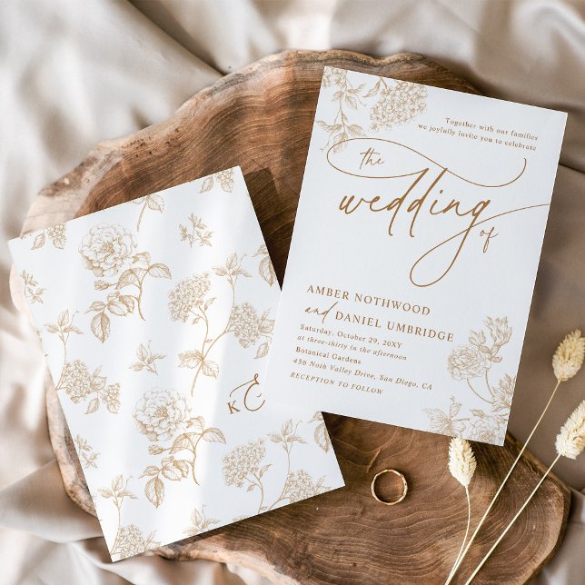 Elegante Gold Floral Moderne Script Hochzeit Einladung (Von Creator hochgeladen)