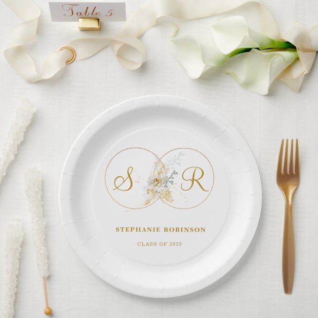 Elegante Gold Floral Monogram Graduation Party Pappteller (Hochzeit)