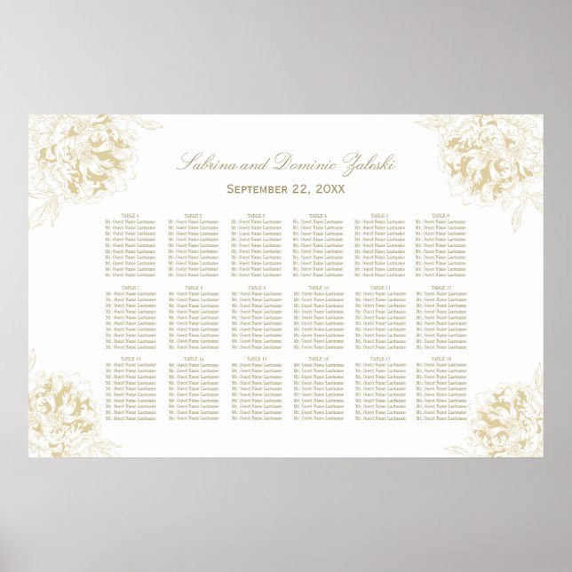 Elegante Gold Floral Peony Wedding Seating Poster (Vorne)