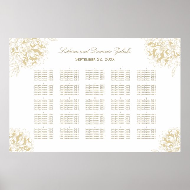 Elegante Gold Floral Peony Wedding Seating Poster (Vorne)