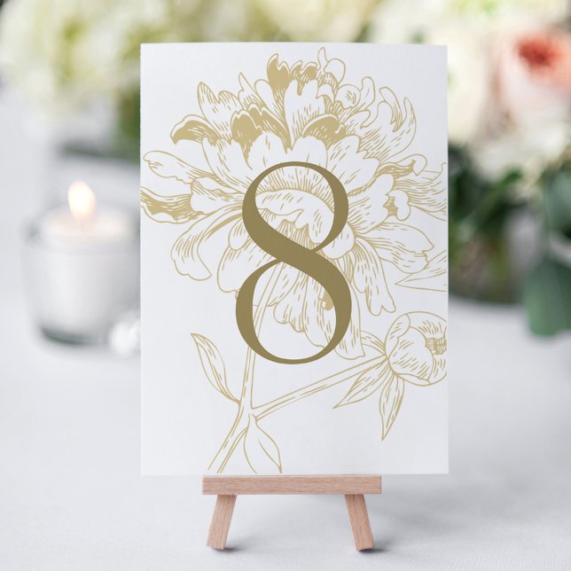 Elegante Gold Floral Peony Wedding Tischnummer (Von Creator hochgeladen)
