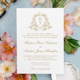 Elegante Gold Floral Wappen Monogram Wedding Einladung