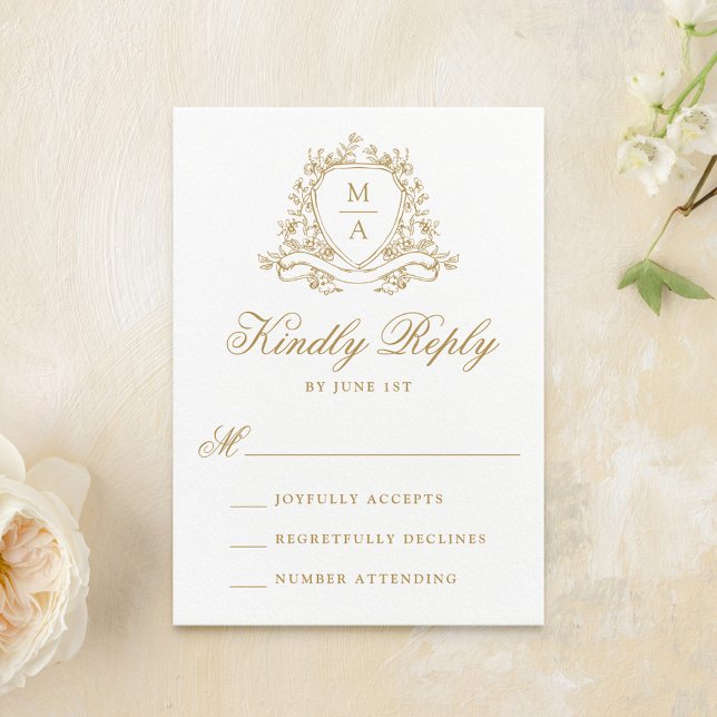 Elegante Gold Floral Wappen Monogram Wedding RSVP Karte (Von Creator hochgeladen)