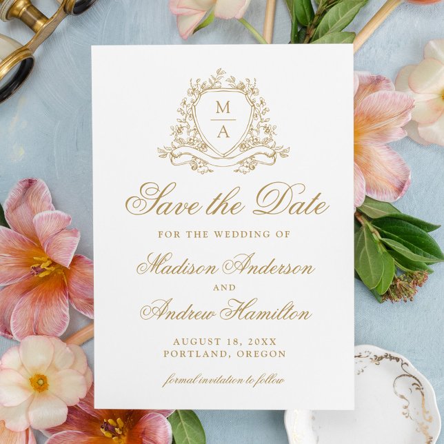 Elegante Gold Floral Wappen Monogram Wedding Save The Date (Von Creator hochgeladen)