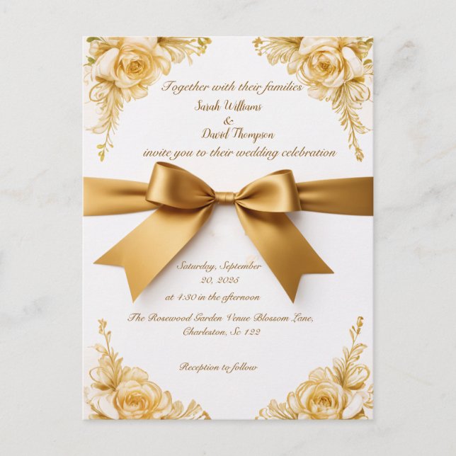 Elegante Gold Floral Wedding Einladung mit Ribbon Postkarte (Vorderseite)