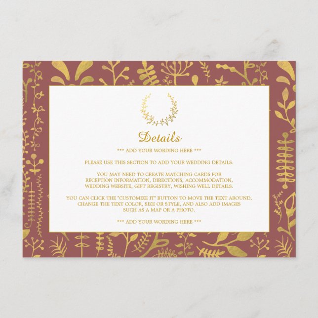Elegante Gold Floral Wreath Wedding Detail Begleitkarte (Vorderseite)