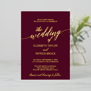 Elegante Gold Foil Calligrafy Burgundy Wedding Folieneinladung