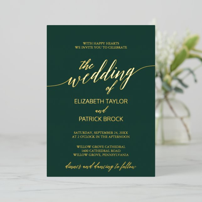 Elegante Gold Foil Calligrafy | Emerald Wedding Folieneinladung (Stehend vorne)