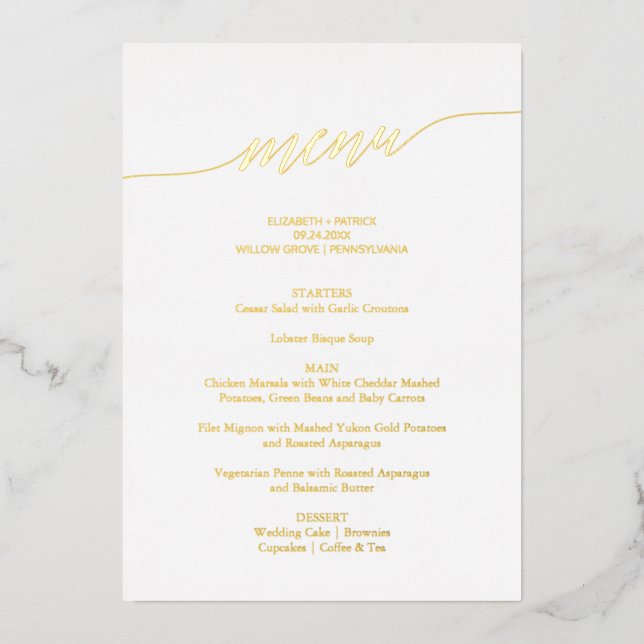 Elegante Gold Foil Calligraphy Wedding Dinner Menü Folieneinladung (Vorderseite)