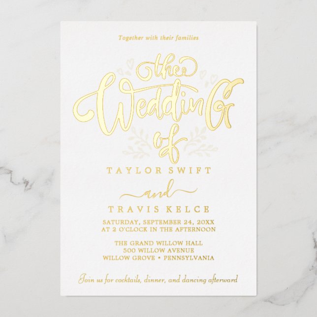 Elegante Gold Foil Calligraphy Wedding Folieneinladung (Vorderseite)