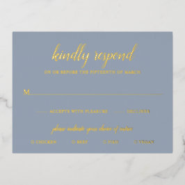 Elegante Gold Foil Dusty Blue Wedding RSVP Card Folie Einladungspostkarte