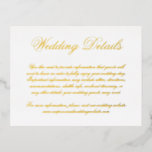 Elegante Gold Foil Formal Wedding Card Folie Einladungspostkarte<br><div class="desc">Elegante Hochzeitsdetails Umschließungskarte mit Ihren Informationen in einer schönen Kalligraphie. Der gesamte Text auf der Vorderseite ist in echter Goldfolie. Diese klassischen Kapselkarten eignen sich perfekt für eine feierliche Hochzeit.</div>