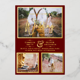 Elegante GOLD FOIL Foto Collage Burgundy Wedding Folieneinladung