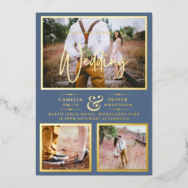 Elegante GOLD FOIL Foto Collage Dusty Blue Wedding Folieneinladung (Vorderseite)