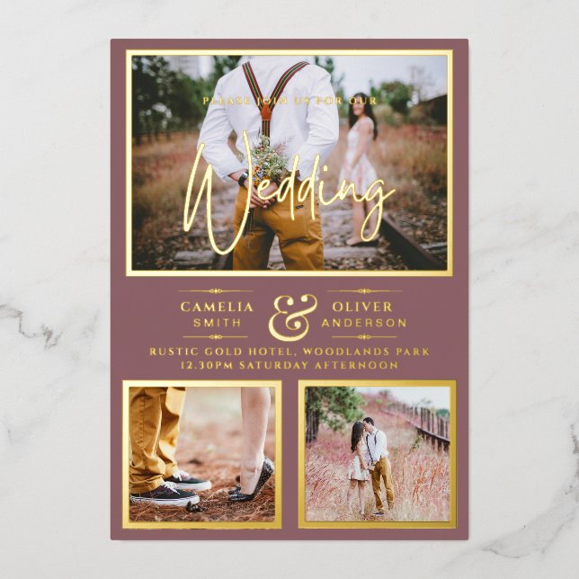Elegante GOLD FOIL Foto Collage Dusty Rose Wedding Folieneinladung (Vorderseite)