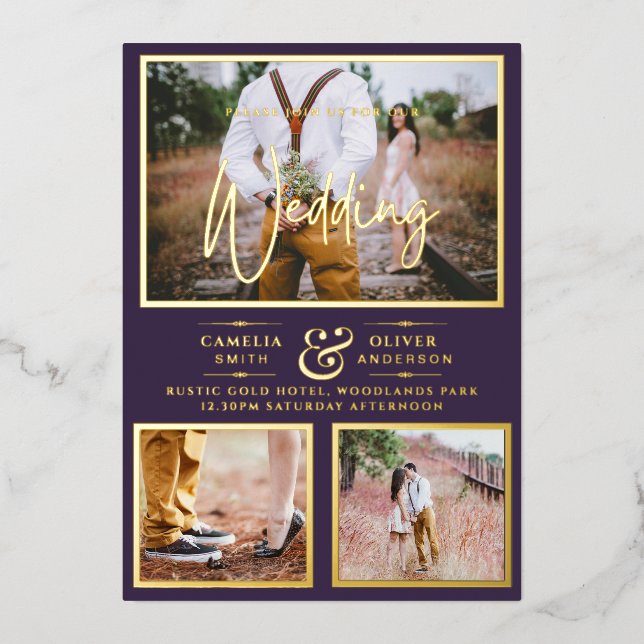 Elegante GOLD FOIL Foto Collage Plum Wedding Folieneinladung (Vorderseite)