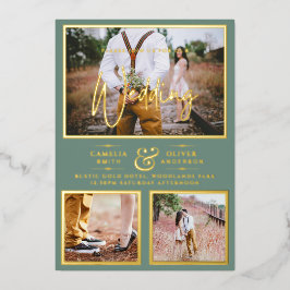 Elegante GOLD FOIL Foto Collage Sage Wedding Folieneinladung