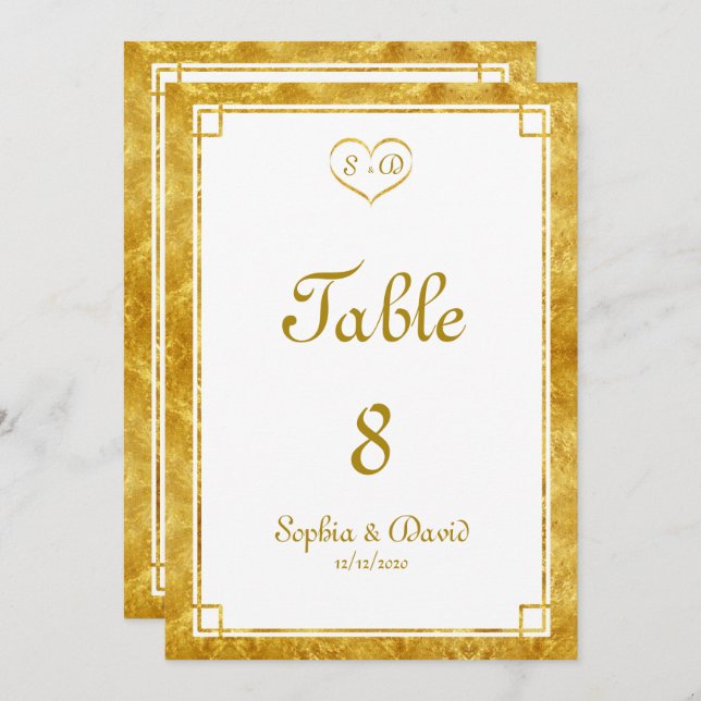 Elegante Gold Foil Heart Frame Wedding TISCHNUMMER (Vorne/Hinten)