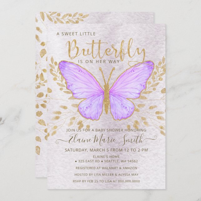 Elegante Gold Foil Lila Butterfly Babydusche Einladung (Vorne/Hinten)