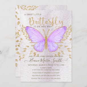 Elegante Gold Foil Lila Butterfly Babydusche Einladung