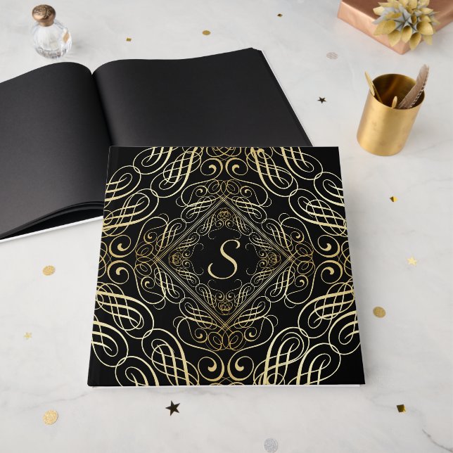 Elegante Gold Foil Look Skulptur Skript auf schwar Gästebuch (Vorderseite offen)
