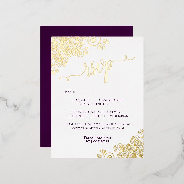 Elegante Gold Foil Plum Lila Wedding RSVP Card Folie Einladungspostkarte (Vorderseite/Rückseite)