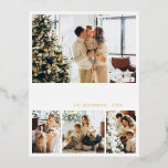 Elegante Gold Foil Script Collage Holiday Postcard Folien Feiertagspostkarte<br><div class="desc">Elegante Kalligrafie Minimalistische Gold Foil Script White 4 Foto Collage Frohe Weihnachtskarte. Dieses festliche, mimimalistische, whimsical vier (4) Foto Urlaubskarte Vorlage verfügt über eine hübsche Foto Collage und sagt "Frohe Weihnachten"! Der "Frohe Weihnachten"-Grußtext ist in einer schönen Hand geschrieben Wirble Swash-Schwanz-Schriftart-Typ in Gold auf weißem Hintergrund. Auf der Rückseite mit...</div>