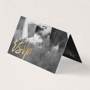Elegante Gold Foil Script Double Foto RSVP Card Visitenkarten