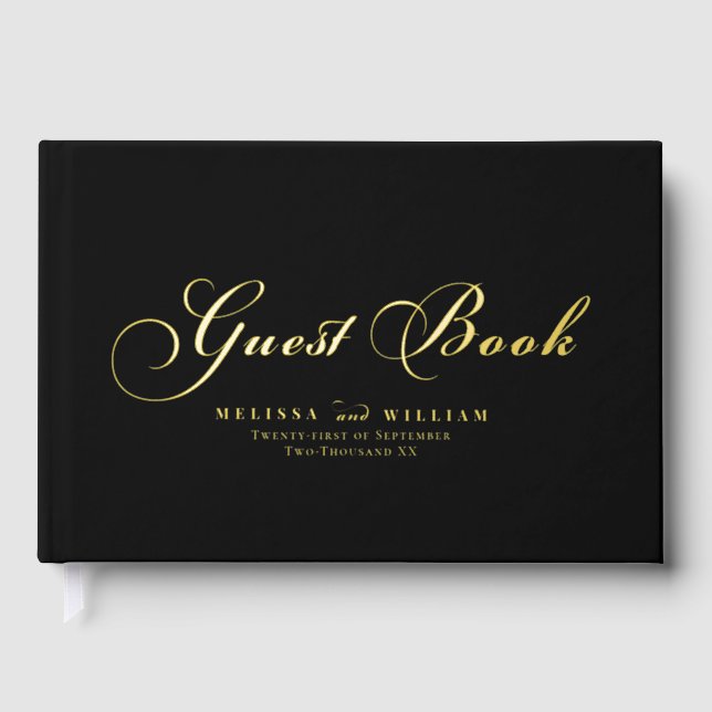 Elegante Gold Foil Script Moderne Schwarze Hochzei Gästebuch (Vorderseite)