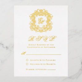 Elegante Gold Foil Wappen Monogram Wedding RSVP Ca Folie Einladungspostkarte