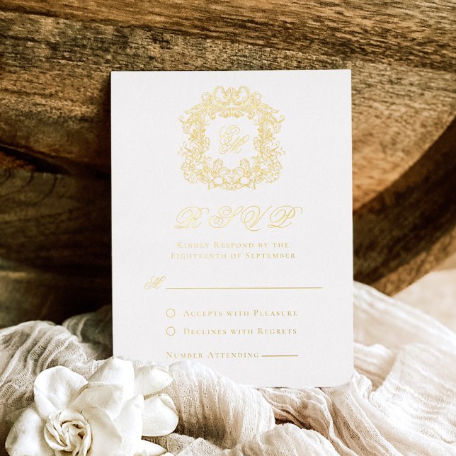 Elegante Gold Foil Wappen Monogram Wedding RSVP Ca Folie Einladungspostkarte (Von Creator hochgeladen)