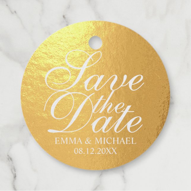 Elegante Gold Foil Wedding Save the Date Geschenkanhänger (Vorderseite)
