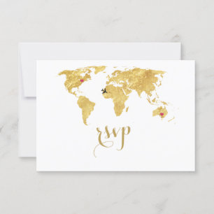 Elegante Gold Foil Weltkarte Hochzeit in Urlaubsor RSVP Karte