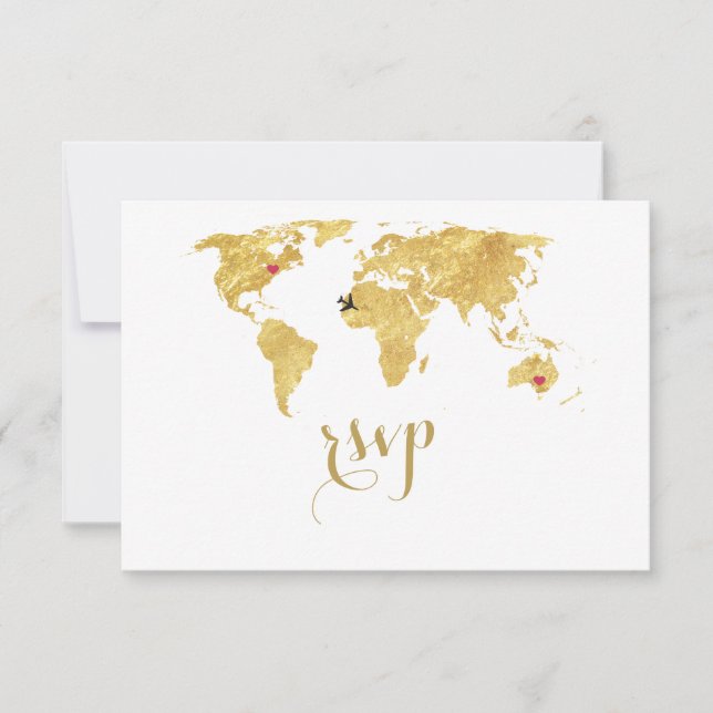Elegante Gold Foil Weltkarte Hochzeit in Urlaubsor RSVP Karte (Vorderseite)