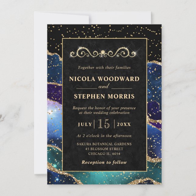 Elegante Gold Frame Blue Galaxy Agate Wedding Einladung (Vorderseite)