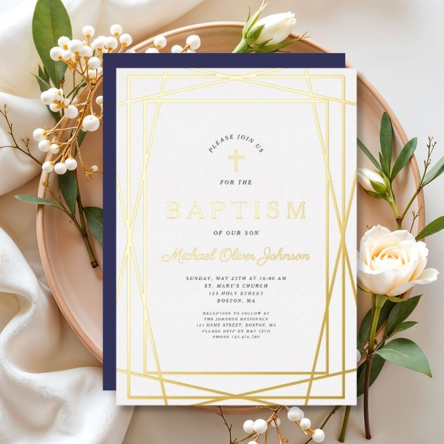 Elegante Gold Frame Boy Taufe Folieneinladung (Elegant Gold Frame Boy Baptism Foil Invitation)