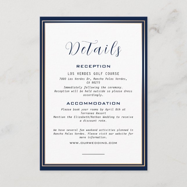Elegante Gold Frame Navy Blue Wedding Details Begleitkarte (Vorderseite)