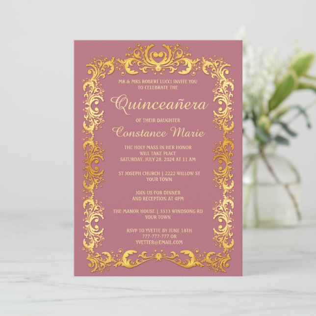 Elegante Gold Frame Quinceanera Einladung (Stehend Vorderseite)
