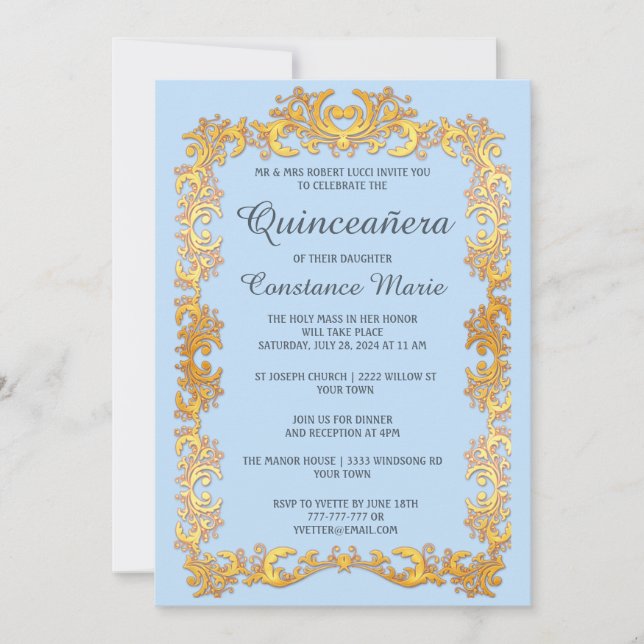 Elegante Gold Frame Quinceanera Einladung (Vorderseite)