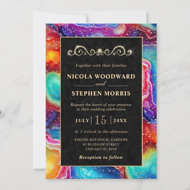 Elegante Gold Frame Rainbow Agate Wedding Einladung (Vorderseite)