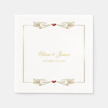 Elegante Gold Frame Red Heart Wedding Napkins