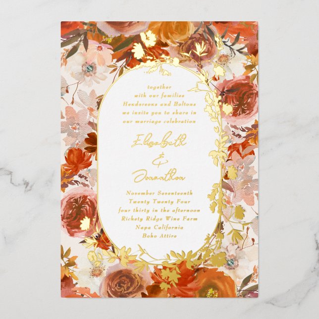 Elegante Gold Frame Wreath Floral Abundance Hochze Folieneinladung (Vorderseite)