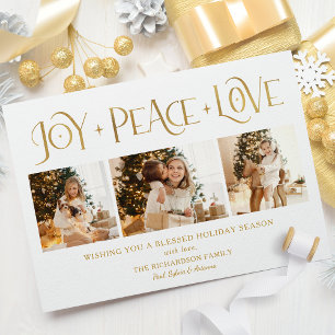Elegante Gold Freude Frieden Liebe Schrift 3-Foto Feiertagskarte