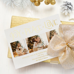 Elegante Gold Freude Frieden Liebe Schrift 3-Foto Folien Feiertagskarte