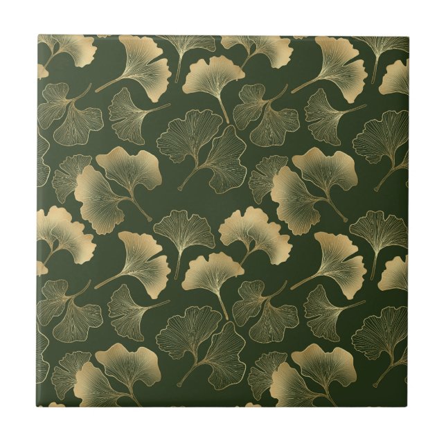 Elegante Gold-Ginkgo-Blätter Smaragdgrün Fliese (Vorderseite)
