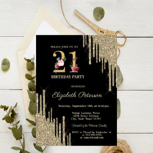 Elegante Gold Glitter-Tropfen auf Schwarz zum 21.  Einladung
