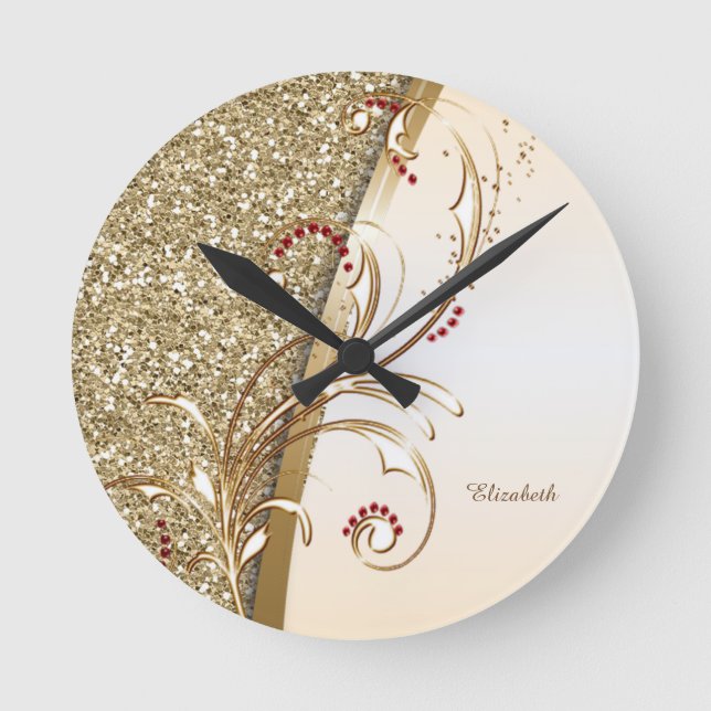 Elegante Gold Glittery Wirbel Runde Wanduhr (Vorderseite)