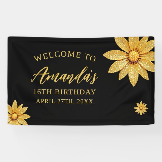 Elegante Gold Glitzer Blume Sweet 16 Geburtstag Banner (Horizontal)