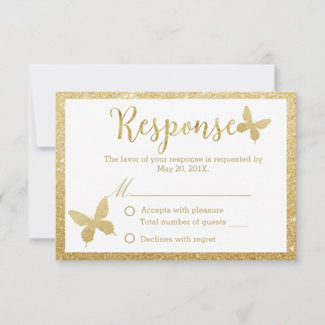 Elegante Gold Glitzer Butterfly Hochzeitreaktion RSVP Karte (Vorderseite)