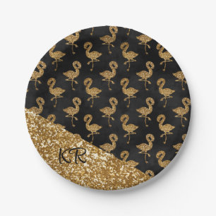 Elegante Gold Glitzer Flamingo Muster Initials Pappteller